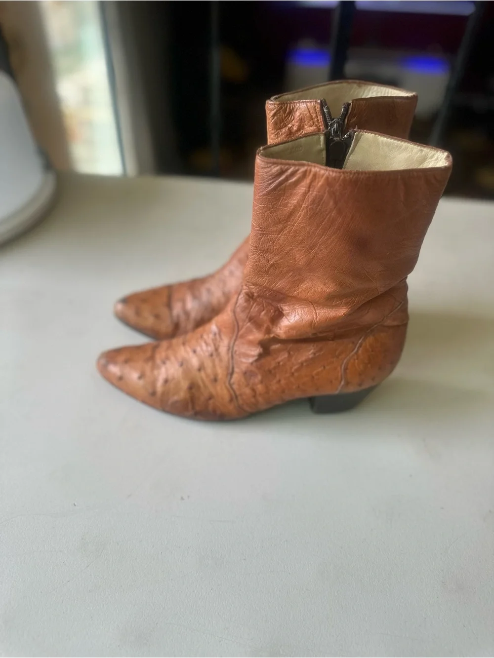 Brown Leather Pointed Ankle Boots with Low Heel